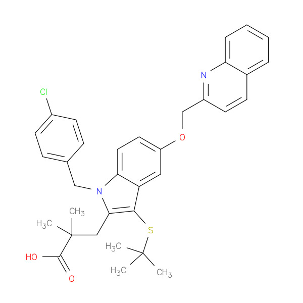 1-[(4-Chlorophenyl)methyl]-3-[(1,1-dimethylethyl)thio]-α,α-dimethyl-5-(2-quinolinylmethoxy)-1H-indole-2-propanoic acid 化学構造式