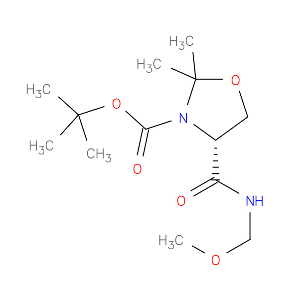 3-Oxazolidinecarboxylic acid, 4-[(methoxymethylamino)carbonyl]-2,2-dimethyl-, 1,1-dimethylethyl ester, (4R)- 化学構造式