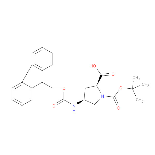 (2S,4S)-4-((((9H-fluoren-9-yl)methoxy)carbonyl)amino)-1-(tert-butoxycarbonyl)pyrrolidine-2-carboxylic acid 化学構造式
