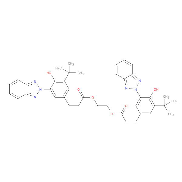 Poly(oxy-1,2-ethanediyl), α-[3-[3-(2H-benzotriazol-2-yl)-5-(1,1-dimethylethyl)-4-hydroxyphenyl]-1-oxopropyl]-ω-[3-[3-(2H-benzotriazol-2-yl)-5-(1,1-dimethylethyl)-4-hydroxyphenyl]-1-oxopropoxy]- 化学構造式