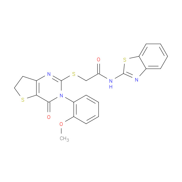 N-(1,3-benzothiazol-2-yl)-2-{[3-(2-methoxyphenyl)-4-oxo-3H,4H,6H,7H-thieno[3,2-d]pyrimidin-2-yl]sulfanyl}acetamide 化学構造式