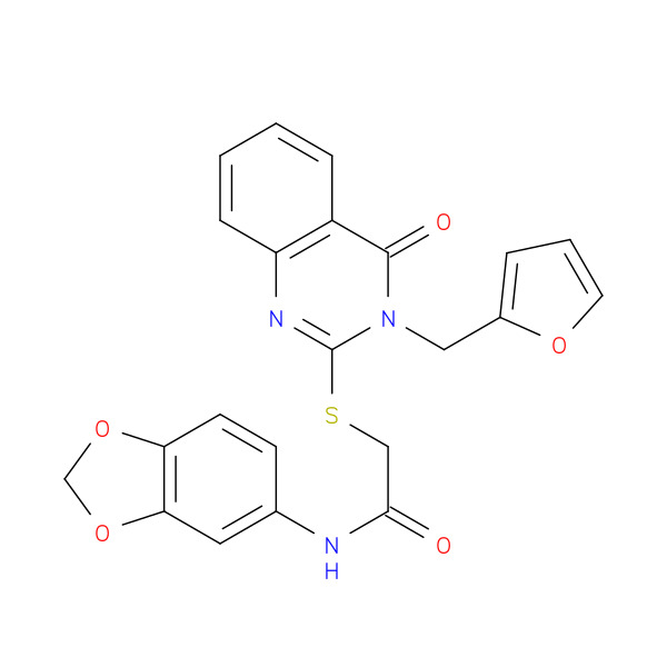 N-(Benzo[d][1,3]dioxol-5-yl)-2-((3-(furan-2-ylmethyl)-4-oxo-3,4-dihydroquinazolin-2-yl)thio)acetamide 化学構造式