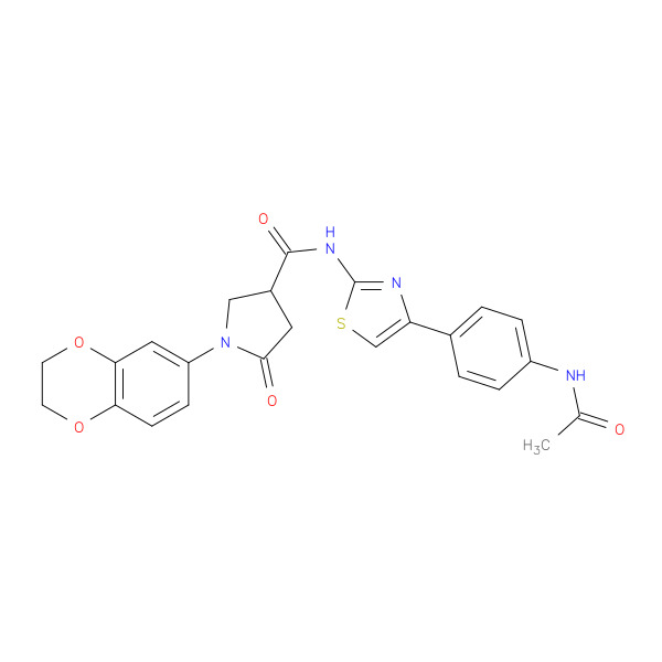 N-(4-(4-Acetamidophenyl)thiazol-2-yl)-1-(2,3-dihydrobenzo[b][1,4]dioxin-6-yl)-5-oxopyrrolidine-3-carboxamide 化学構造式